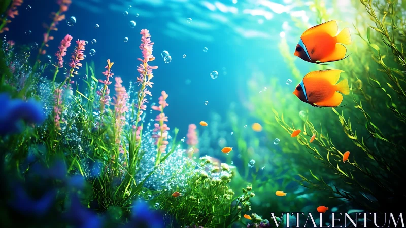 Tropical reef fish swim through dense aquatic plants