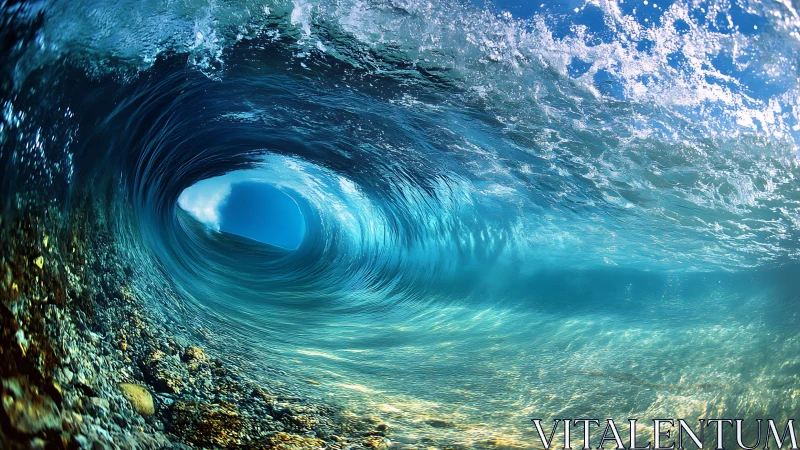Underwater view inside curling turquoise ocean wave.