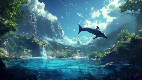 Dolphin suspended above tropical bay with waterfalls and cliffs