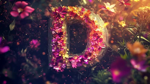 Glowing Letter D Surrounded by Flowering Plants and Warm Light.