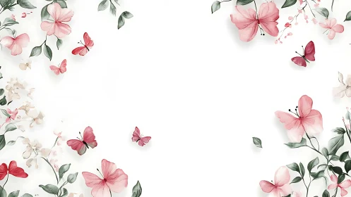 Soft pink butterflies and flowers on white background.