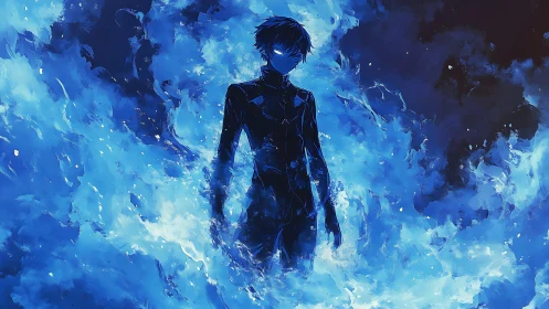 Blue flame warrior emerges from swirling digital inferno