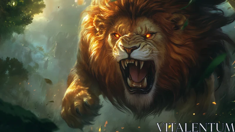 Hyper-detailed roaring lion with glowing eyes in dynamic jungle charge