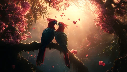 Two Parrots Share a Magical Moment in Blooming Paradise