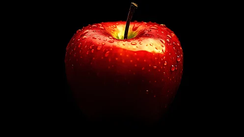 Photorealistic red apple macro on deep black ground.