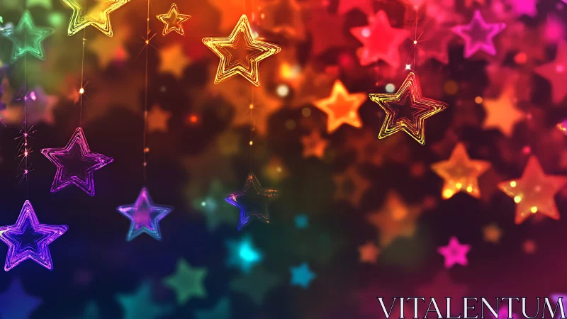 Glowing neon star ornaments hang over soft bokeh lights