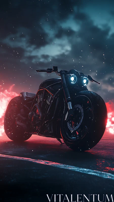 Cyberpunk cruiser motorcycle in neon storm environment.