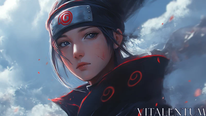 Calm ninja portrait against cloudy sky background.