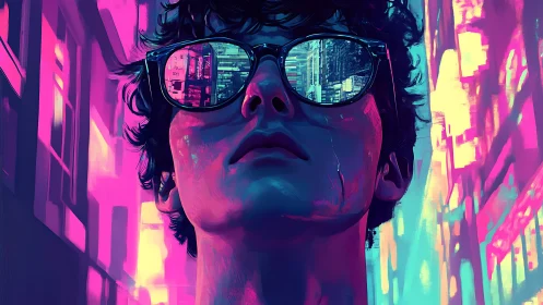 Neon dreamwalker in mirrored city glasses at dusk.