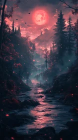 Blood moon bathes enchanted river through shadowed pines.