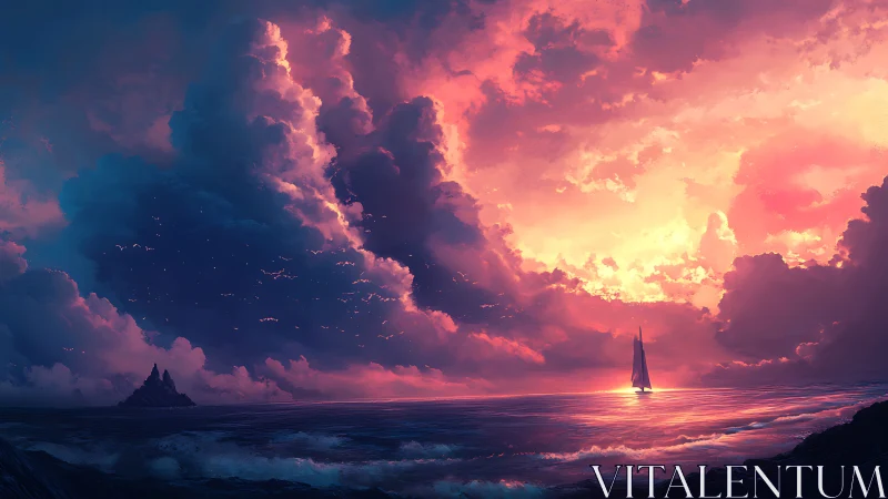 Sailboat on open sea beneath dense sunset cloud formations.