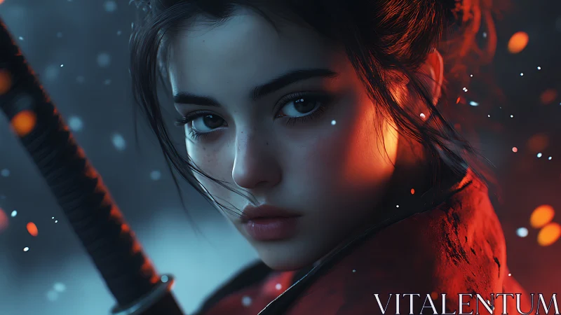 Cinematic samurai portrait balances cold bokeh and ember glow