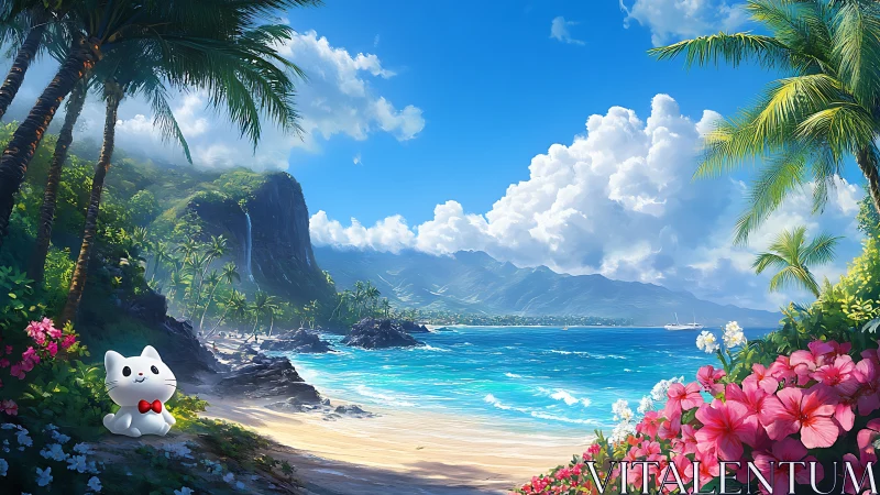 Digital Landscape with Maneki-neko Icon on Tropical Islet.