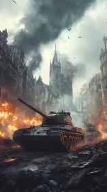 Armored tank advances through burning gothic war ruins.