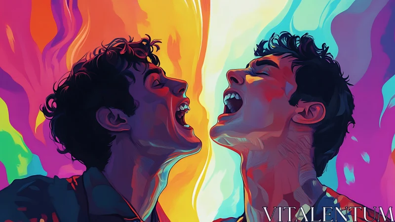 Dual male portraits facing each other in vivid gradients.