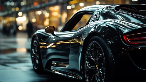 Black sports car stands parked under city night lights