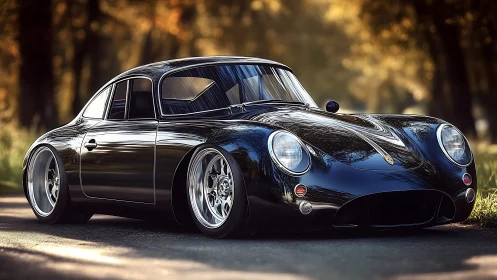 Low-slung black classic sports coupe on forest road.