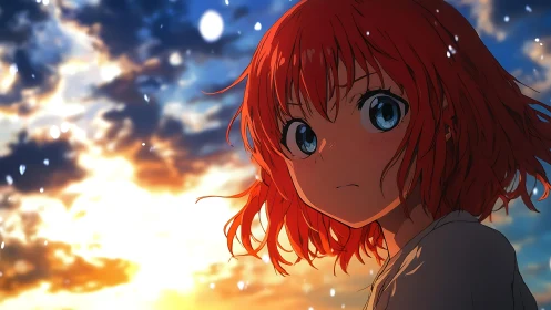 Sunset glow gently surrounds a thoughtful red haired girl