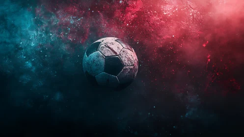 Worn soccer ball floating in red and blue smoky space.