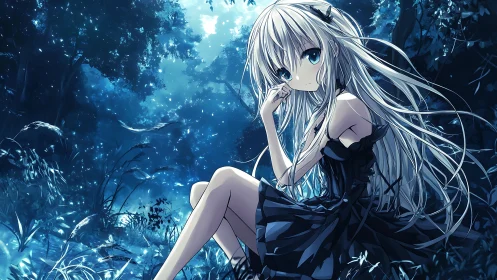 Silver haired anime girl seated in dense blue forest at night.