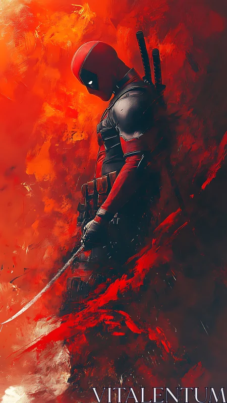 Red masked swordsman in fiery abstract digital blaze.