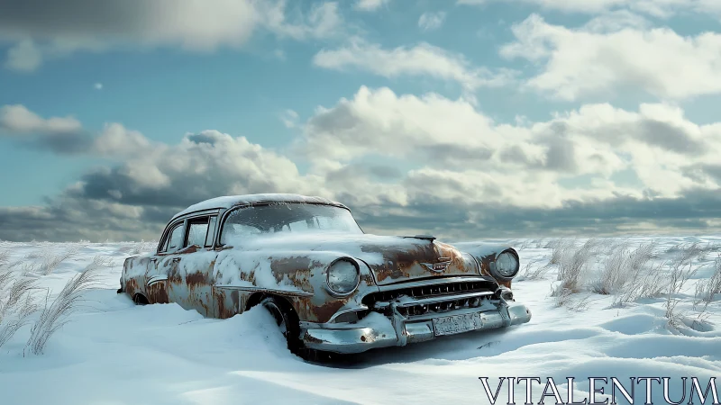 Rusty vintage sedan abandoned in deep winter snowfield.