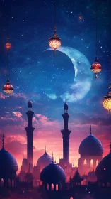 Moonlit minarets glow softly under a starry twilight sky