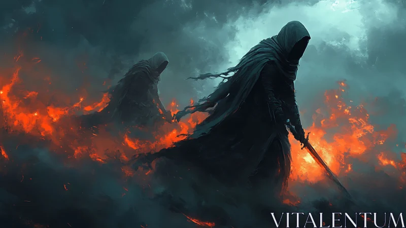 Hooded warriors walk through blazing fire and smoke at night.