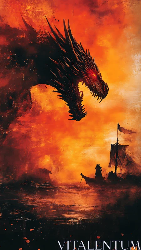 Digital painting of a firelit dragon looming over war galleon.