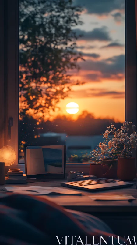 Desk by window with sunset sky and scattered work items.