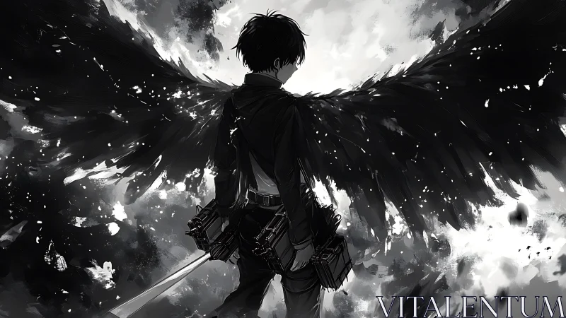 Dark winged anime warrior stands against bright sky.