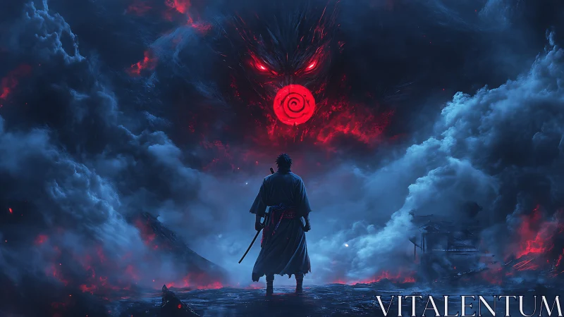Lone swordsman confronting colossal fiery vortex demon in storm