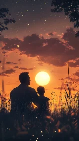 Silhouetted adult and child seated in grass at sunset.