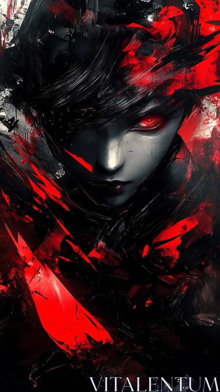 Scarlet shards engulf a shadowed, red‑eyed visage.