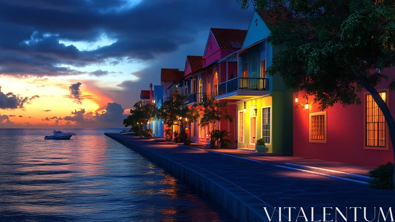 Sunset-lit waterfront street renders vivid chromatic façades
