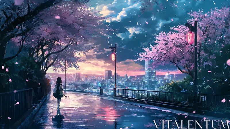 Girl on wet cherry blossom path above illuminated city.