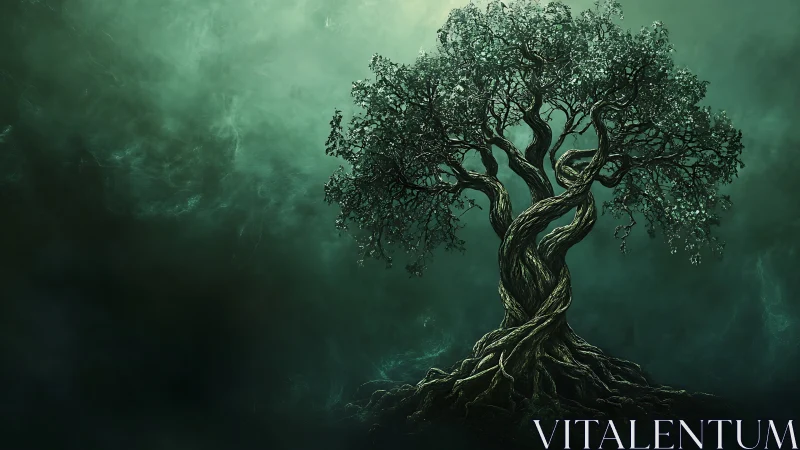 Twisted tree with dense roots in dark green misty scene.