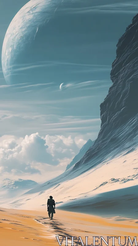 Lone explorer crossing icy desert beneath colossal planet.