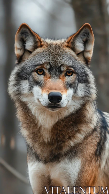 Timber wolf portrait in soft woodland bokeh lighting.