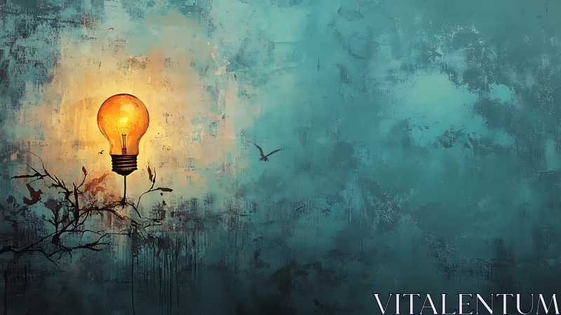 Illuminated light bulb on branch against textured teal field.