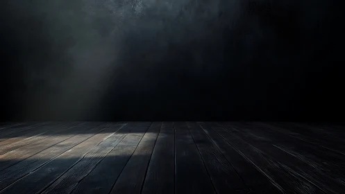 Empty dark room with wooden floor and light beam spot.