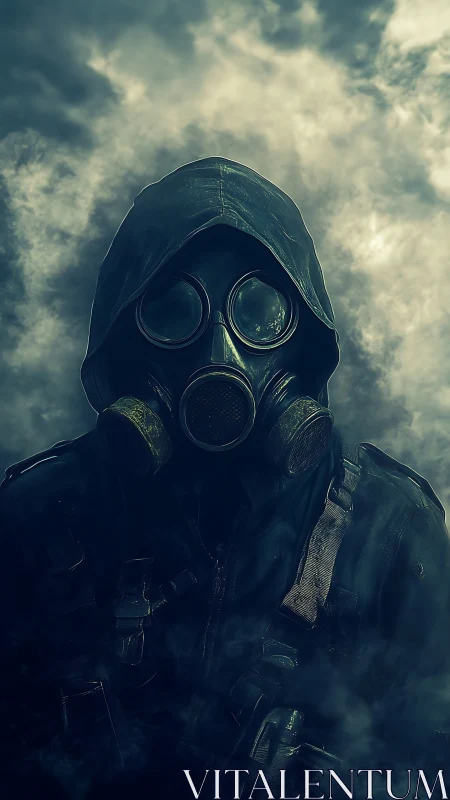 Hooded gas mask figure in dense atmospheric cloud cover.