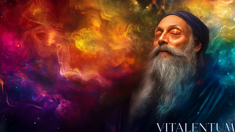 Mystic elder in cosmic nebula meditation portrait.