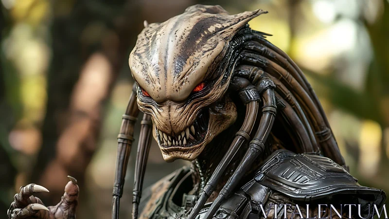 Predatory biomechanoid hunter with exoskeletal armor in jungle.