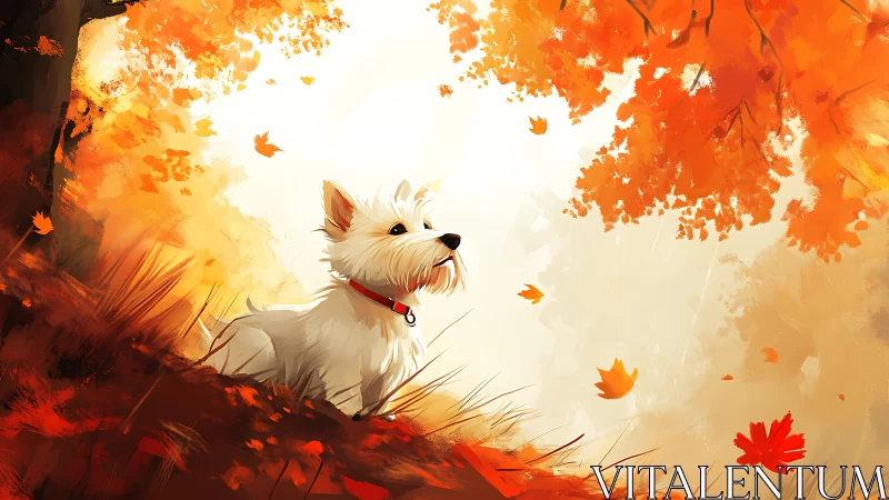 Small white terrier studies autumn foliage in warm backlight