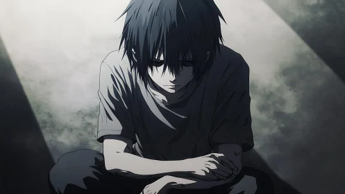 Somber anime portrait in chiaroscuro spotlight composition.