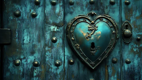 Ornamental heart-shaped keyhole features patina'd turquoise door.