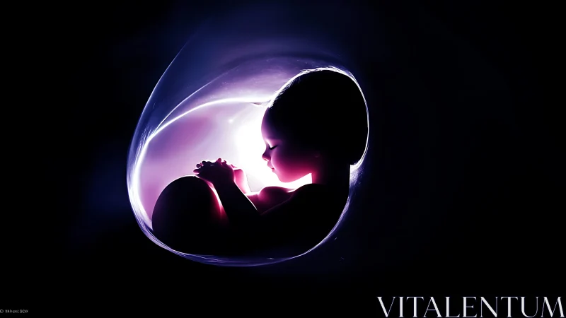 Luminous fetal silhouette rests in a glowing cosmic womb.