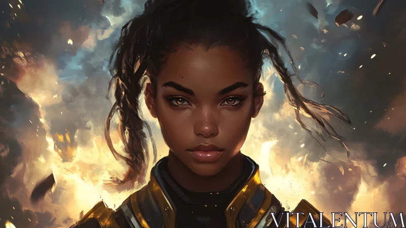 Female warrior portrait stands before dynamic fiery blast
