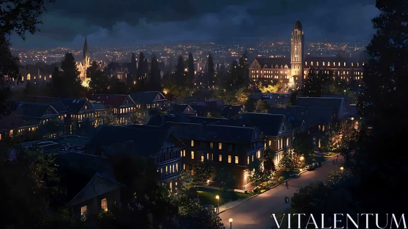 Evening campus skyline glows softly against the night sky